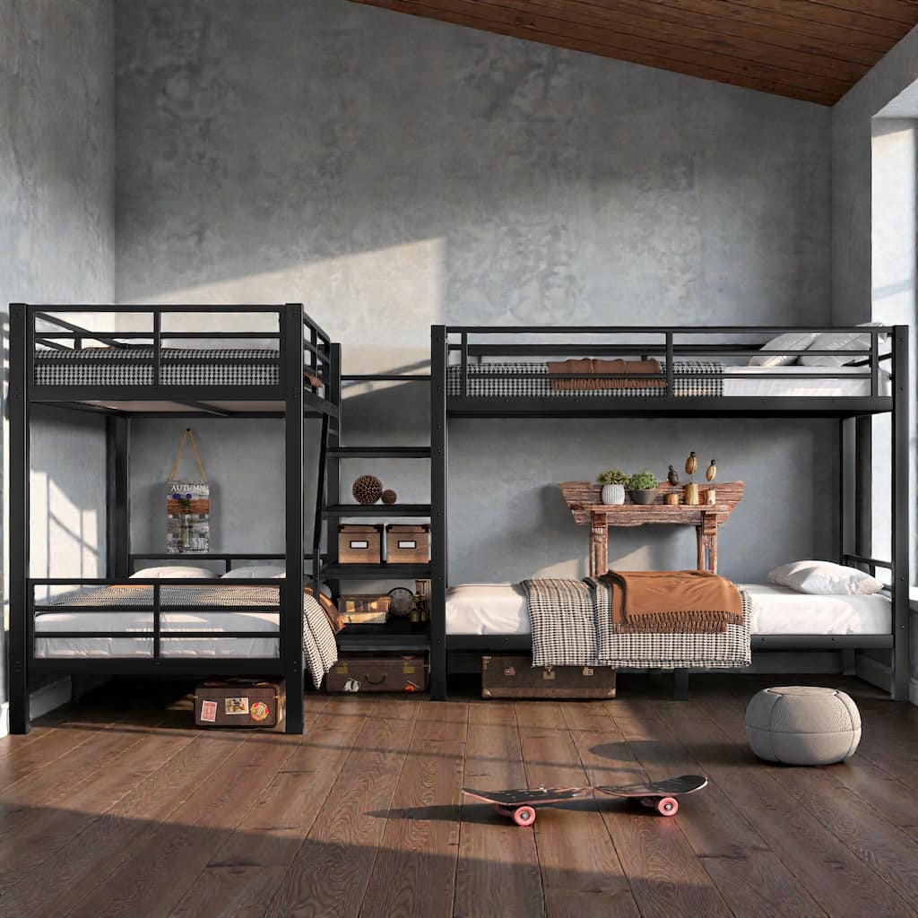 Twin L-Shaped Metal Bunk Bed with Storage Shelves and Safety Guardrail, Space Saving Design