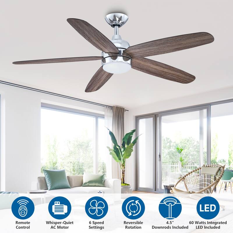 52-inch Chrome Modern Reversible LED Ceiling Fan with Light and Remote - 52 in. D x 52 in. W x 14.6 in. H