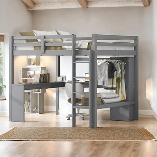 Full Size Wood Loft Bed with Built-in Desk, Headboards, Wardrobe and Storage Shelves,Grey