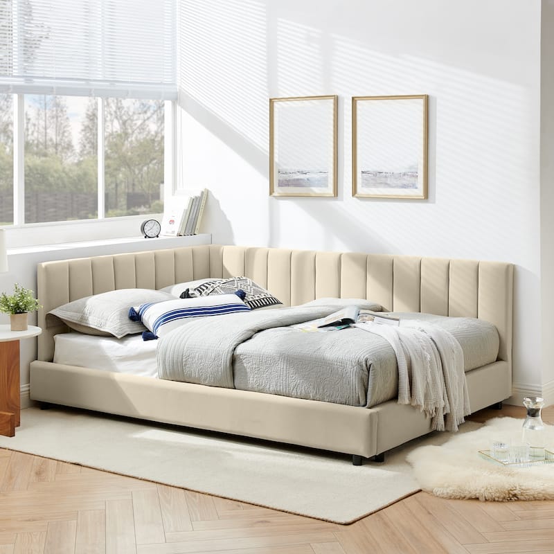 Full Size Upholstered Tufted Bed Frame with Backrest and Armrests, Velvet Beige, 81''x60''x29.5''