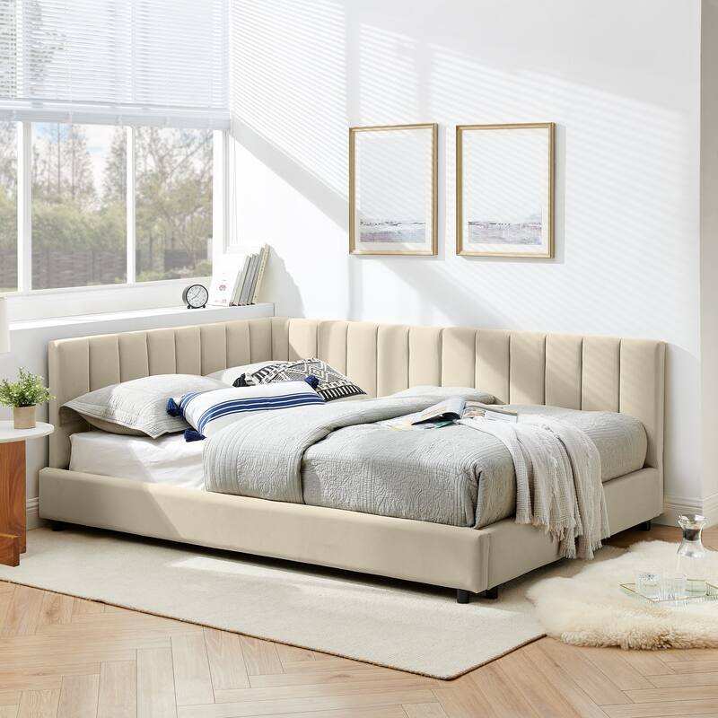 Roomfitters Full Upholstered Tufted Bed Frame with Backrest and Armrests, Velvet Sofa Bed for Bedroom or Living Room