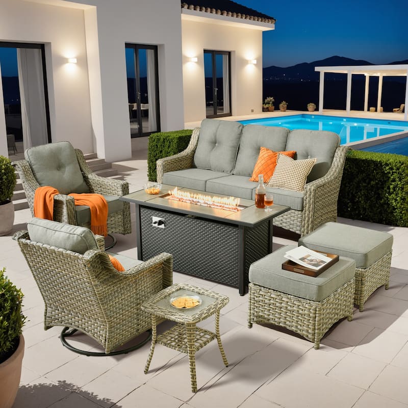 ​​OVIOS 7 Pieces Outdoor Wicker Swivel Chair Set with 54" Fire Table​