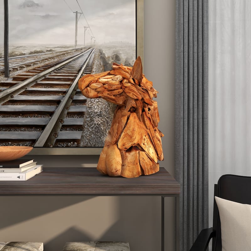 Brown Teak Wood Handmade Head Horse Decorative Sculpture with Layered Woodchip Pieces
