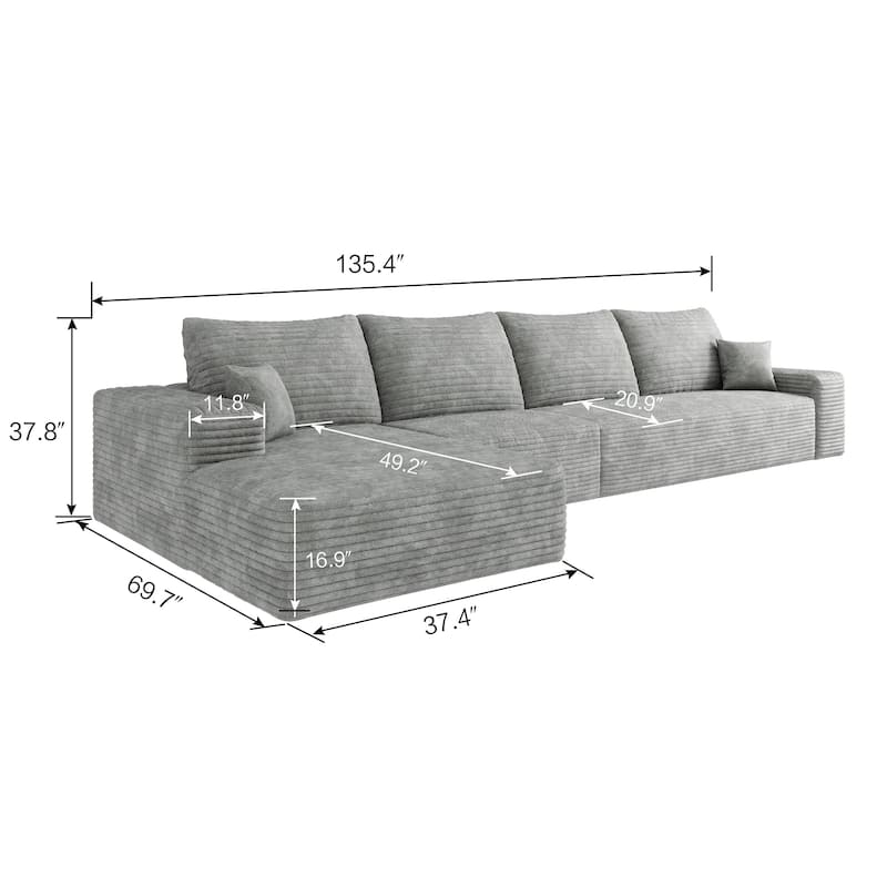 Large Sleeper Sectional Couch L-Shape Floor Modular Recliner Sofa Corduroy Upholstered Chaise Lounge with Ottoman for Livingroom