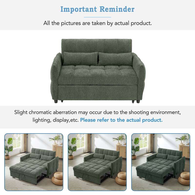 Roomfitters 53 Inch Convertible Loveseat Sofa Bed with Adjustable Backrest and USB Ports, Green Chenille