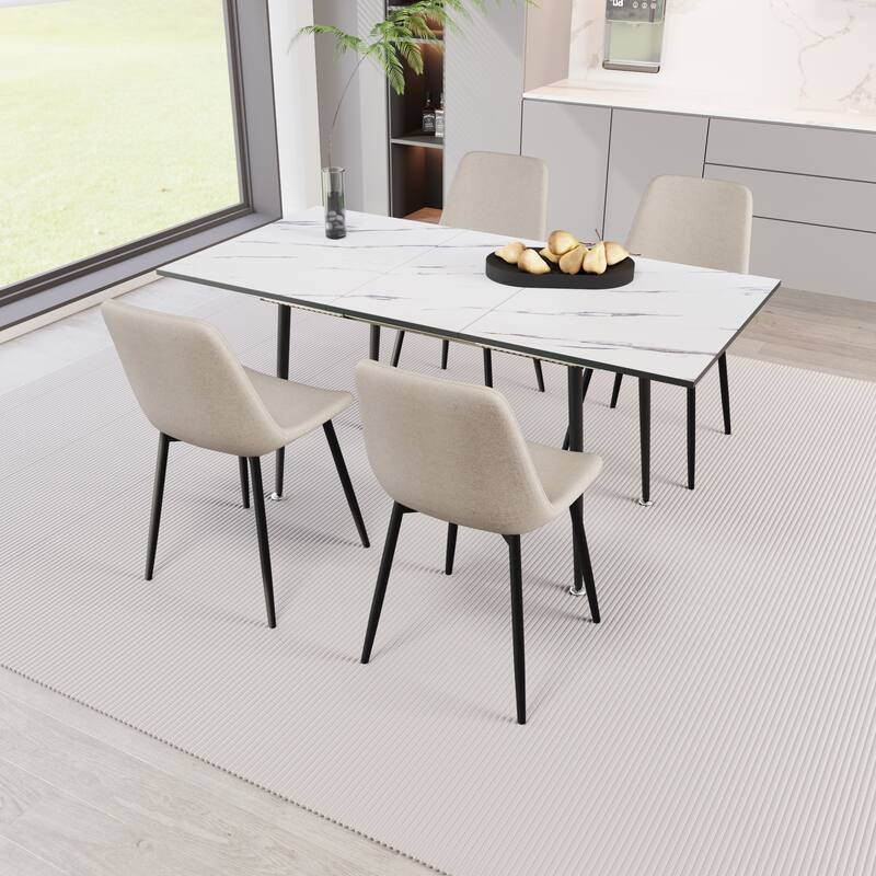 Scalable modern dining table and chair set, for 2-6 people, 4-piece set, medieval dining table set, metal base and linen chair