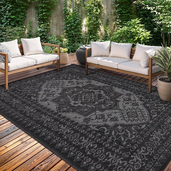 Outdoor Rug Waterproof for Patios Clearance, Reversible Outdoor Plastic Straw Rug, Large Area Rugs Mats for RV, Camper - Black - 9' x 18'