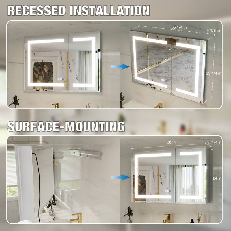 30-48'' W x 24'' H Surface or Recessed LED Bathroom Medicine Cabinet With Mirror,Defog & Quiet Hinges