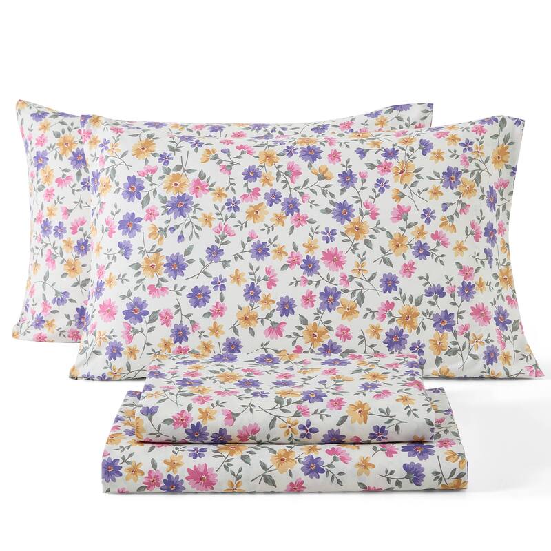 HLC.ME Floral Bed Sheets - Multi-Piece Bed Sheet Set - Wrinkle Resistant & Ultra Soft - Fits Mattresses up to 15 Inches Deep - Full - Purple & Yellow