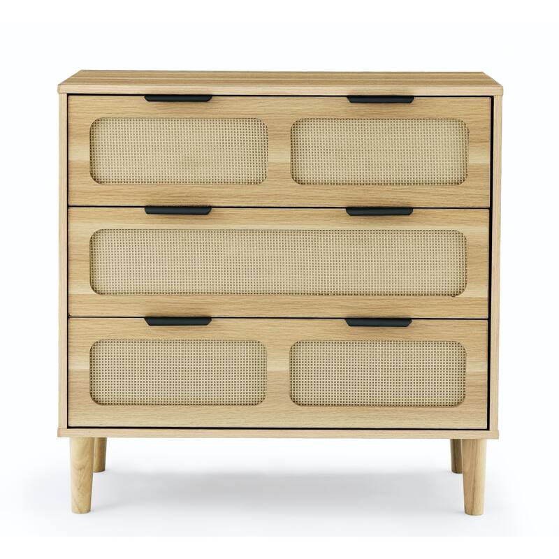 Modern Rattan Dresser Farmhouse Wooden Storage Cabinet with 3 Wide Drawers and Metal Handles, for Room Living Room Hallway