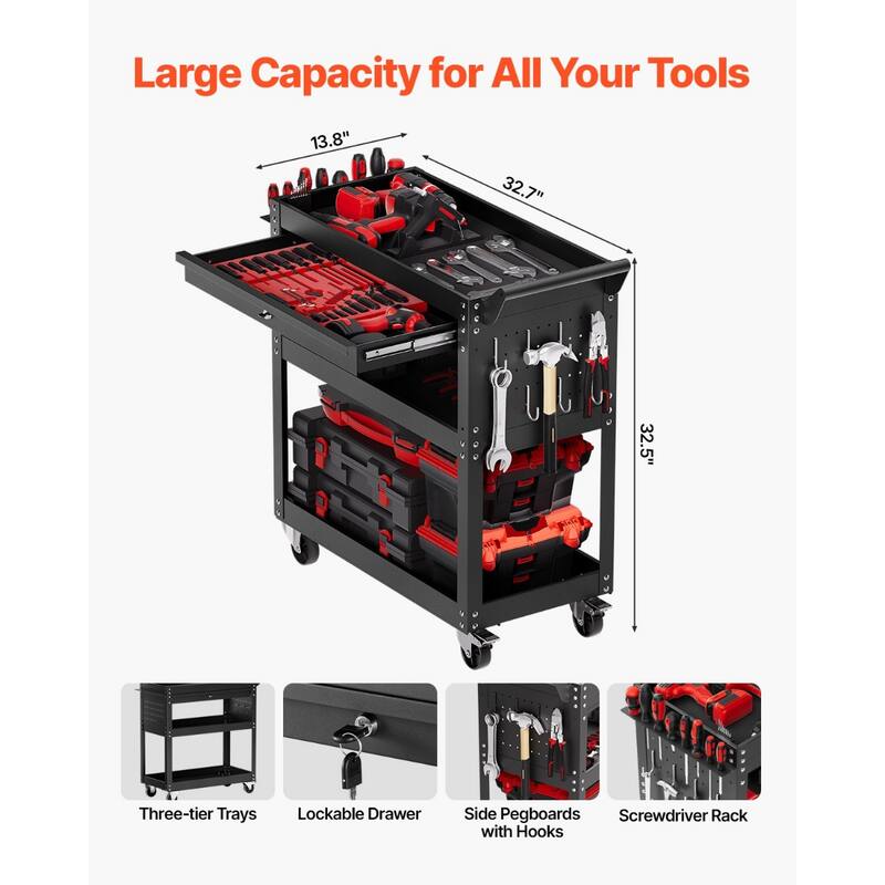 4-Tier Tool Cart on Wheels 350 lb Rolling Work Cart with Drawer & Pegboard