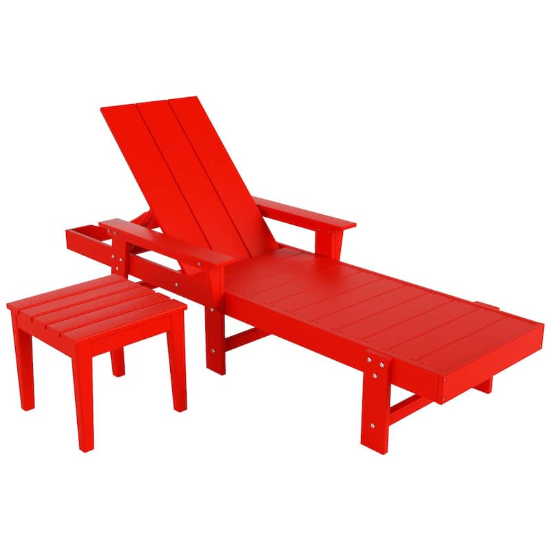 Polytrends Shoreside Modern Poly Eco-Friendly All Weather Reclining Chaise Lounge With Arms, Wheels, & Side Table (2-Piece Set)