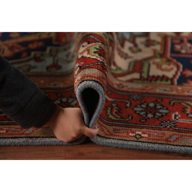 Geometric Heriz Serapi Indian Rug Hand-Knotted Blue Wool Carpet - 7'11"x 9'9"