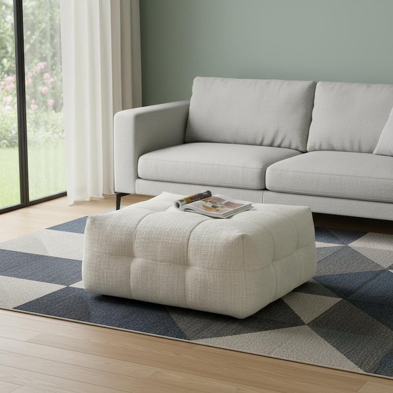 HomeRoots 36" Beige and Black Chenille Tufted Pouf Ottoman - Beige - 36.00 in. x 17.00 in. x 36.00 in.