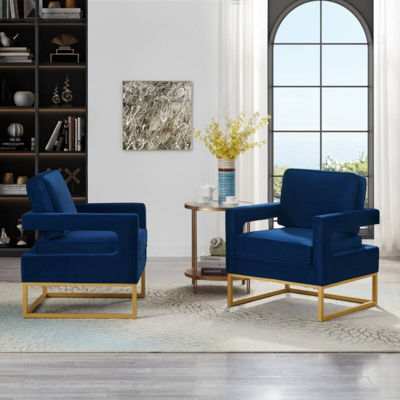 Modern Style Accent Chair with Gold Metal Base , Velvet Upholstered Leisure Chair with Open Armrest, Armchair