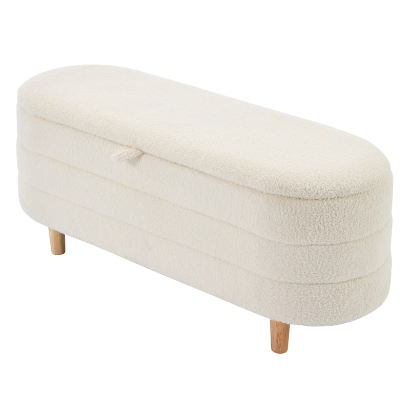 White Sherpa Storage Ottoman Bench with Wood Legs for Bedroom Living Room Elegant Design