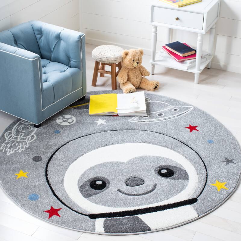 SAFAVIEH Carousel Kids Tatieana Sloth Astronaut Rug - 5'3" Round - Grey/Ivory - Round