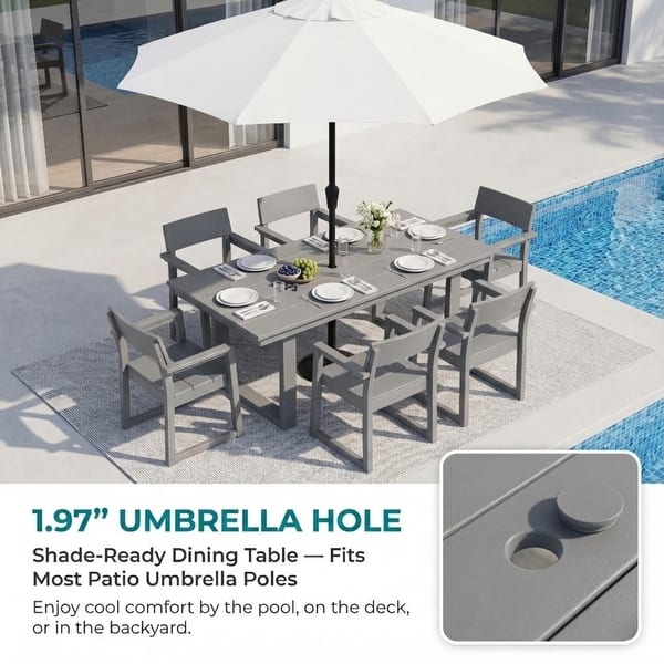 grey patio table with umbrella hole Stinson 72" HDPE Rectangle Outdoor Dining Ho or sealingsimply clean with soap and water for effortless maintenance Outdoor Dining Set Patio Table