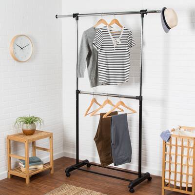 Chrome Adjustable Rolling Metal Double Clothes Rack