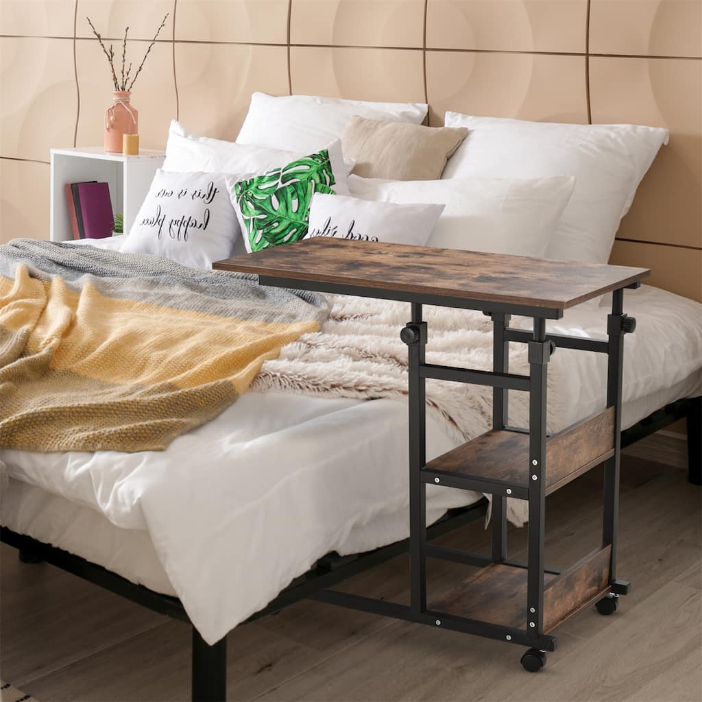 C-Shaped Mobile Side Table with 3-Tier Shelving, Adjustable Height