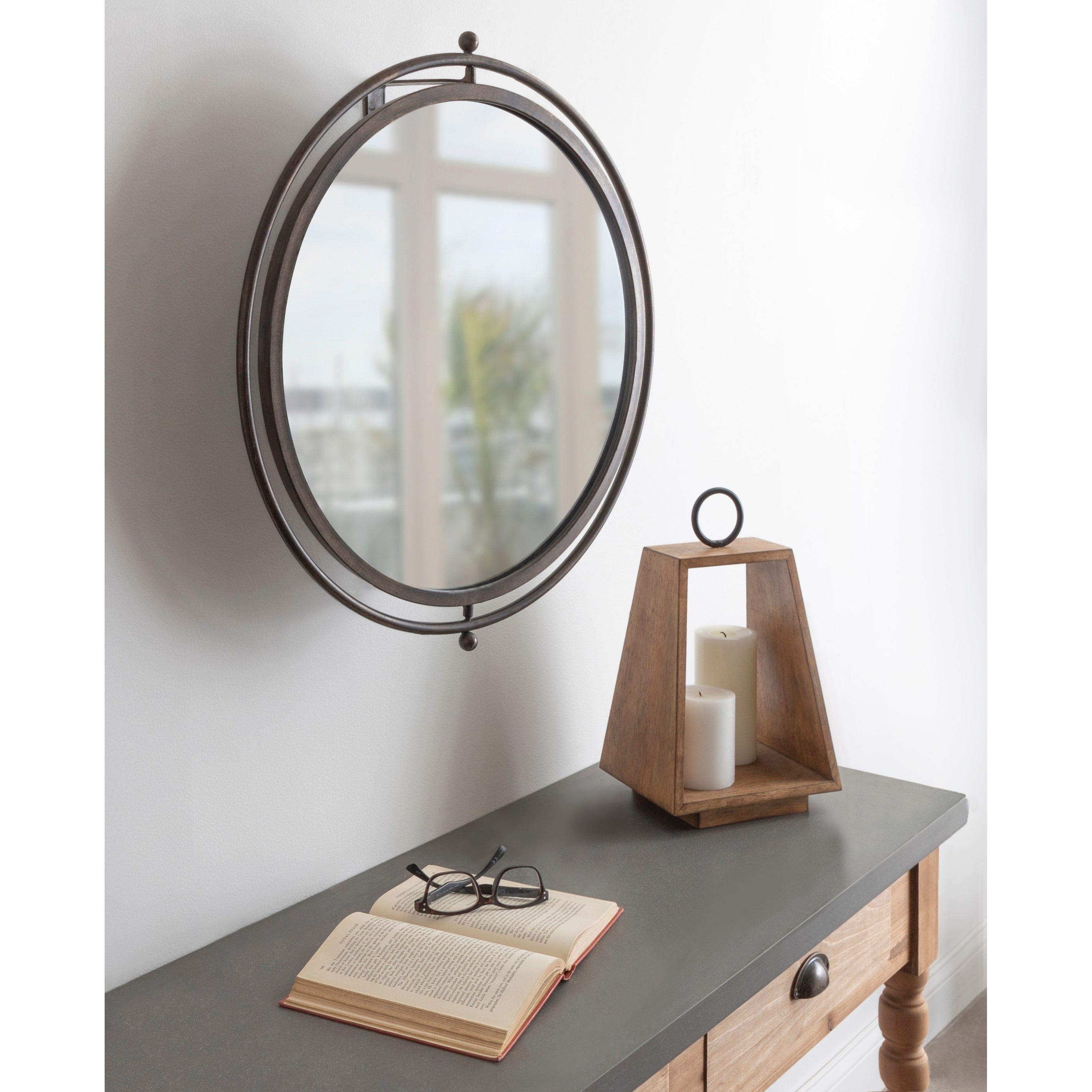 Kate and Laurel Baron Rustic Pivot Mirror, 21" Diameter, Raw Iron