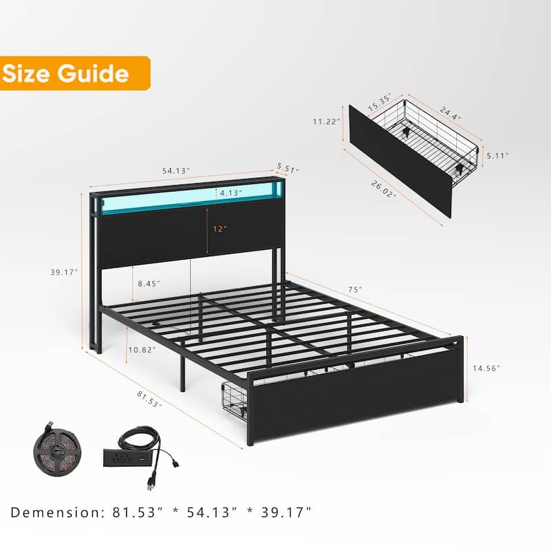 Full Size Bed Frame with LED Lights,Charging Station and 2 Drawers