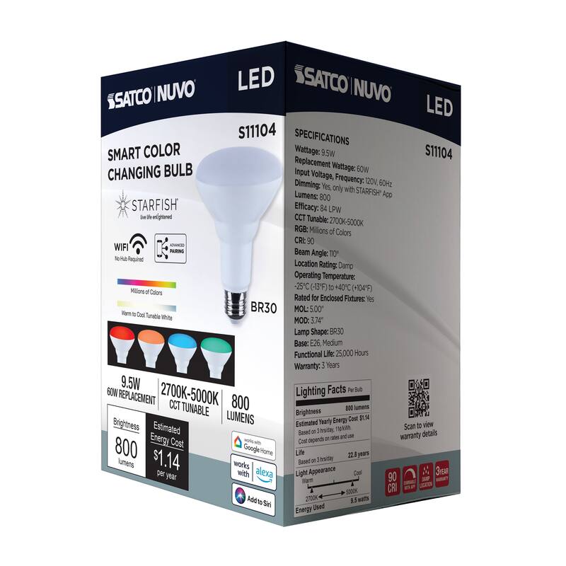 Starfish 9.5 Watt LED BR30 2700K-5000K RGBTW Medium Base 120 Volt - White