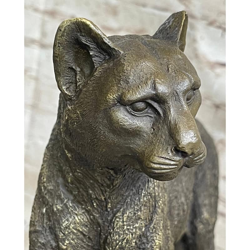 Mountain Imitative Lion Puma Panther Cougar Bronze Sculpture Statue Figure On Marble Base