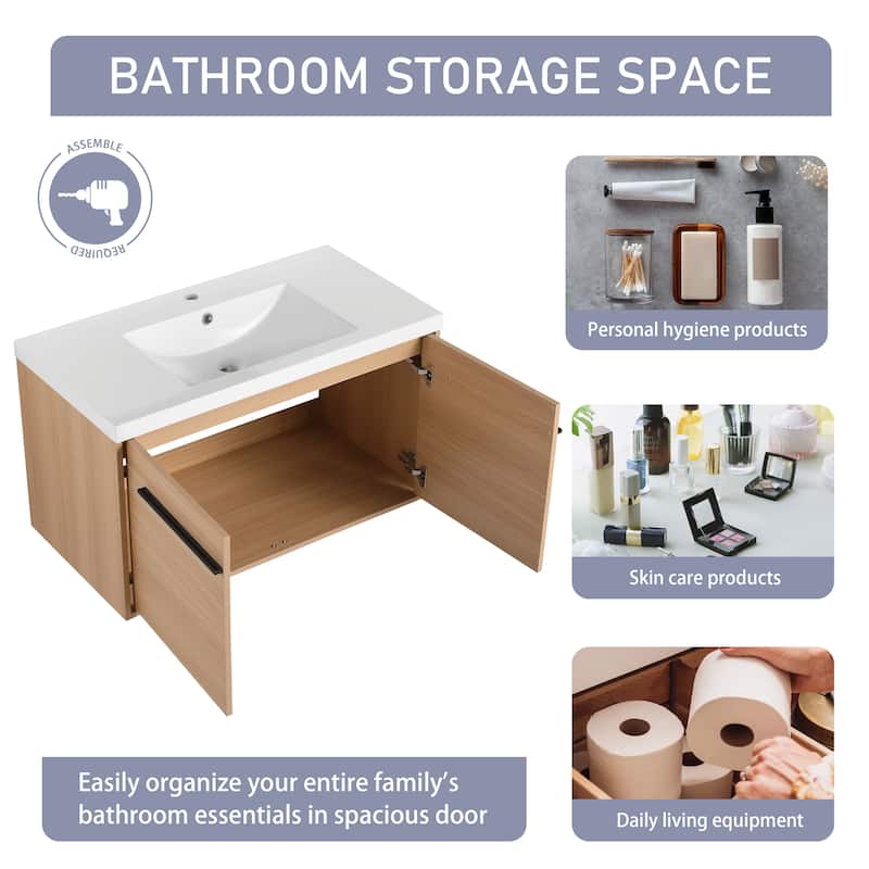 24"/30"/36" Floating Bathroom Vanity with Sink, Wall Mounted Bathroom Vanity with Soft Close Doors