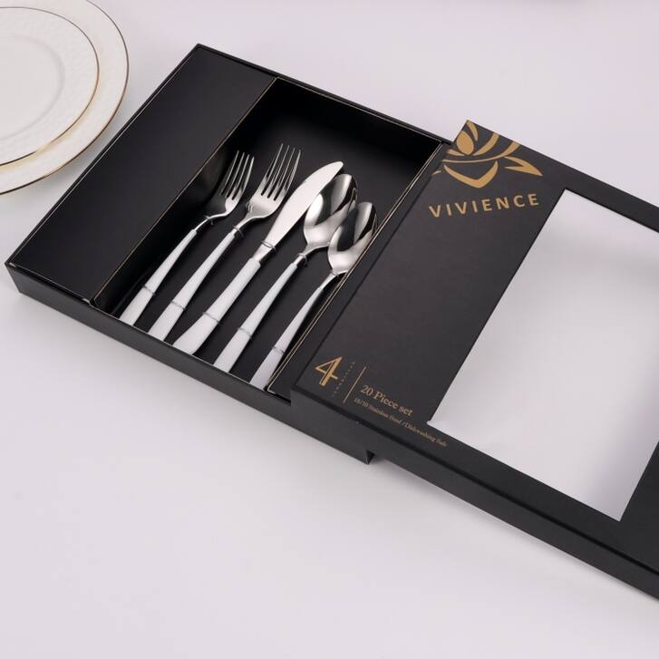 20 Pc Flatware Set Silver with White/Black Colorblock Handles