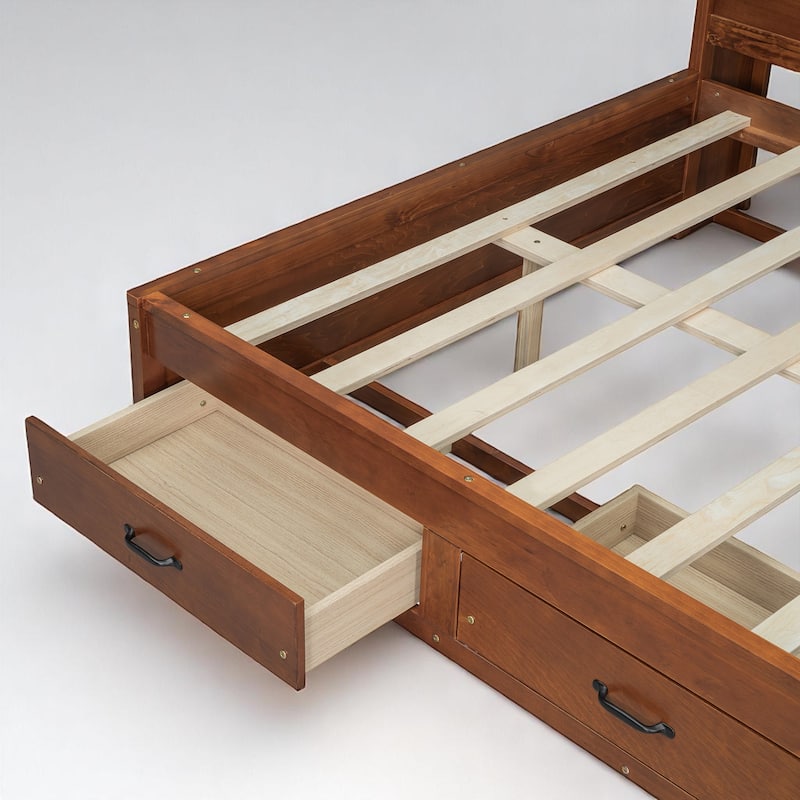 Wood Twin/Full Daybed Frame with Storage Drawers, USB Charging Ports, Shelf, and Headboard Organizer