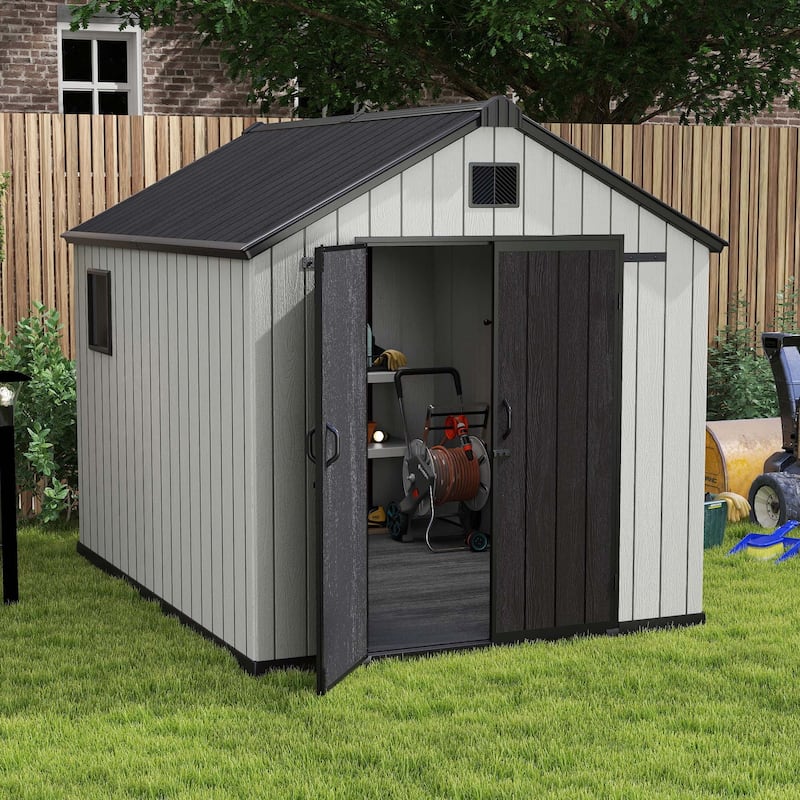 8x10 FT Outdoor Storage Shed with Lockable Door, Large 544 Cuft Resin Shed with Floor Roof Windows Vents
