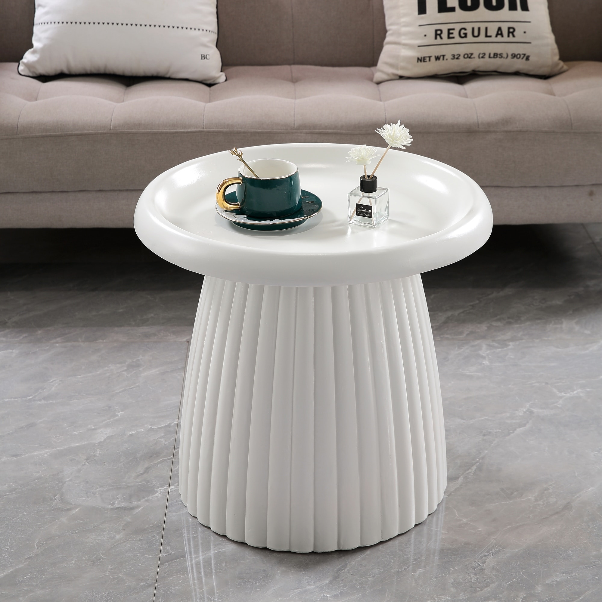 Magnesium Oxide Fluted Pedestal Side Table 19.69" Diameter Round Accent Table