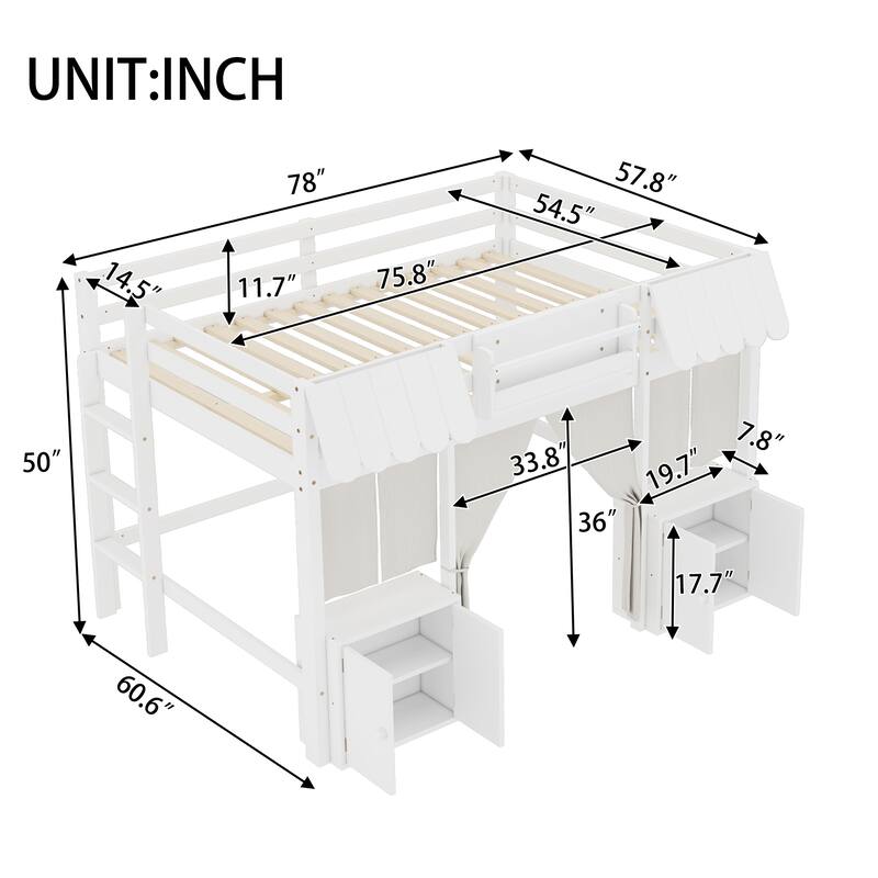 Twin/Full Loft Bed with Bookshelf, Curtain Playhouse, Storage Shelf, Cottage Roof Design and Safety Guardrails for Kids