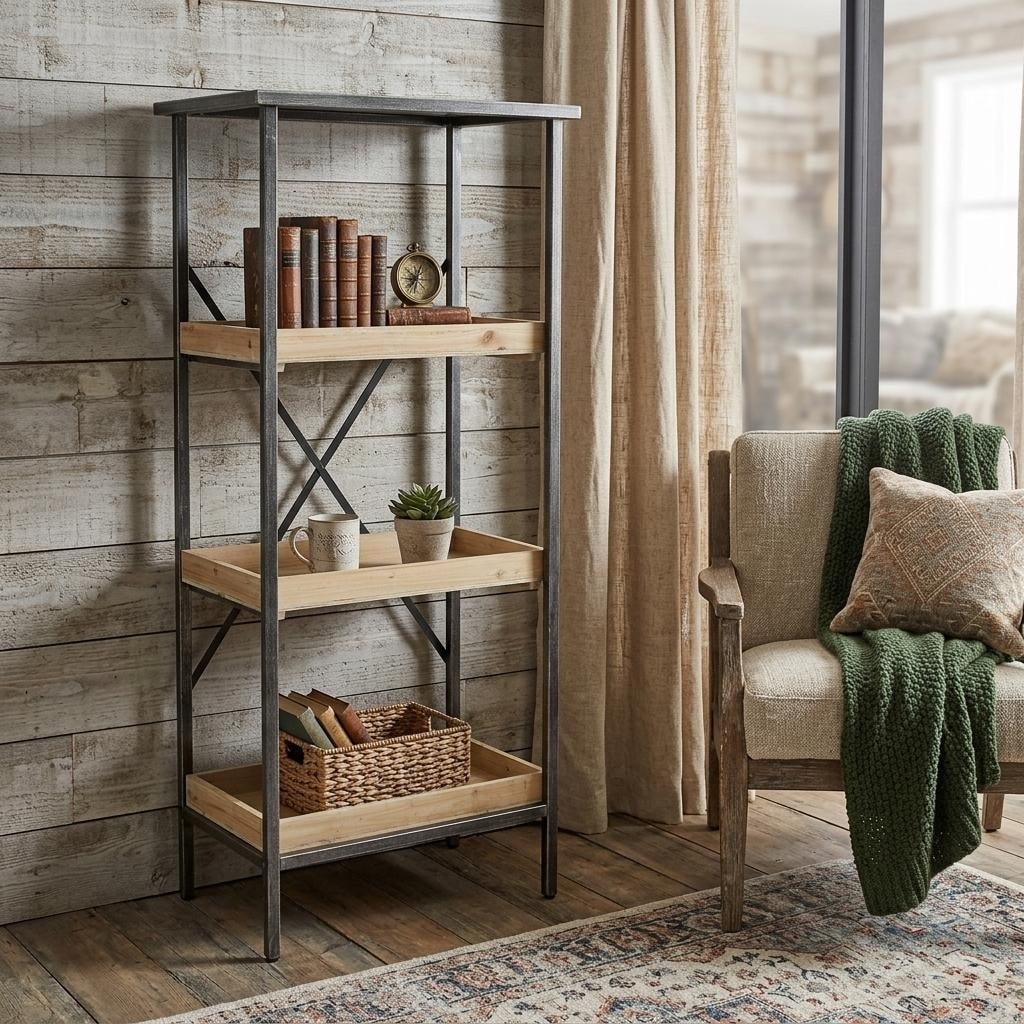 HomeRoots 49" Black And Natural Distressed Metal And Wood Three Tier Etagere Bookcase