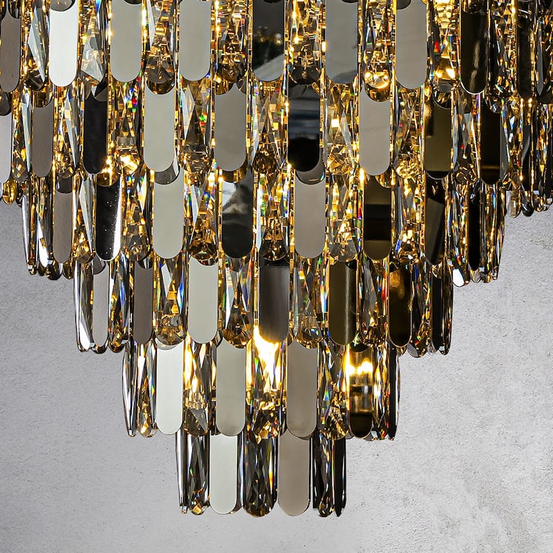 CraftHome Dimmable Smoked Crystal Flush Mount Ceiling Light Chandelier with Polished Nickel Finish and Stainless Steel Accents