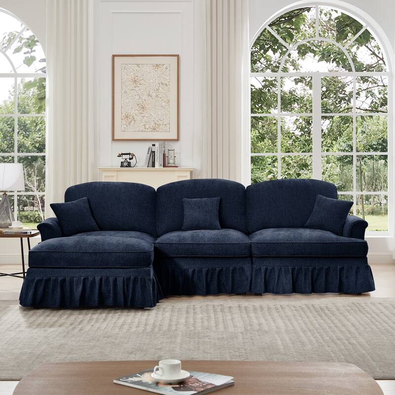 GDFStudio - Mid Century Chenille L-Shaped 3-Seater 107.1" Modular Sectional Sofa with Ottoman - Blue
