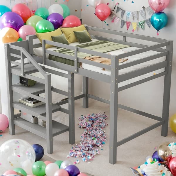 slide 2 of 32, Modern Full Size Loft Bed With Built-in Storage Staircase And Hanger For Clothes,Shelves for Bedroom Grey