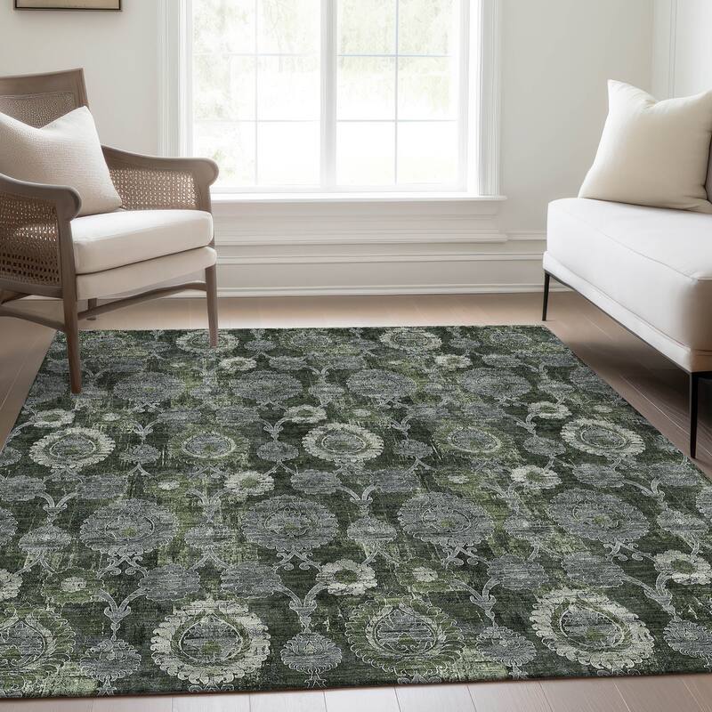 Machine Washable Indoor/ Outdoor Chantille Casual Floral Rug