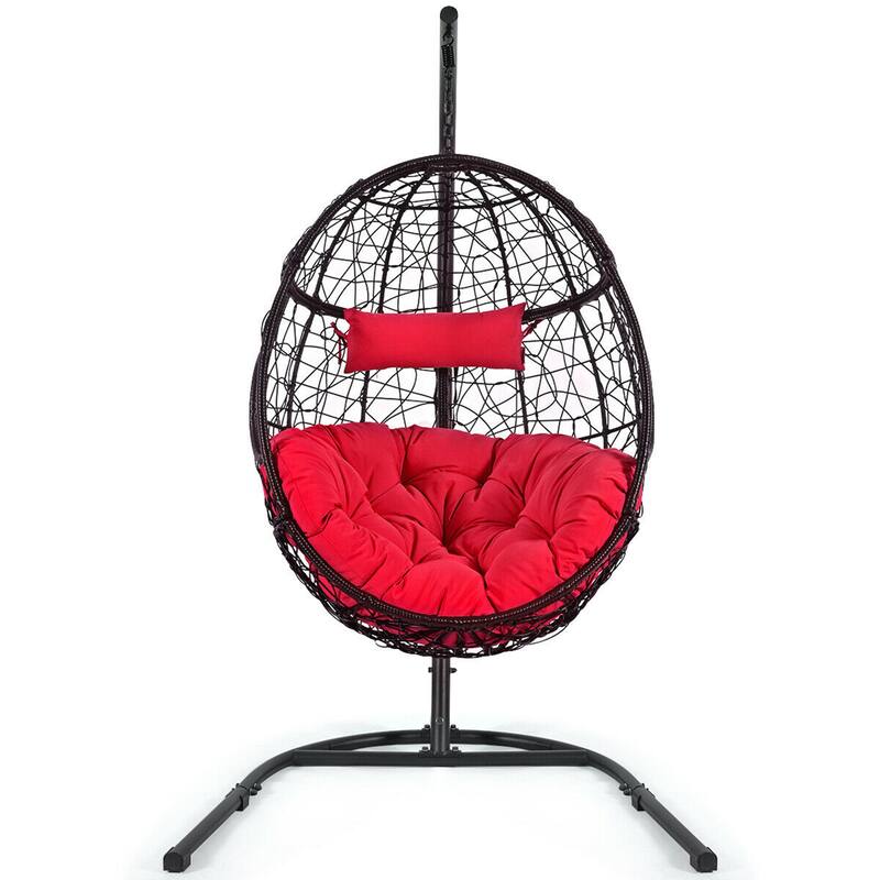 Gymax Hanging Hammock Chair Egg Swing Chair w/ Red Cushion Pillow - 40.5'' x 42'' x 81'' (L x W x H)