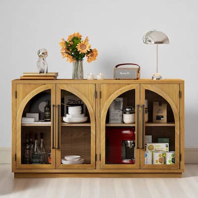 60" 4-Door Arched Sideboard Buffet Cabinet with Glass Doors and Adjustable Shelves, Retro Oak Veneer Console