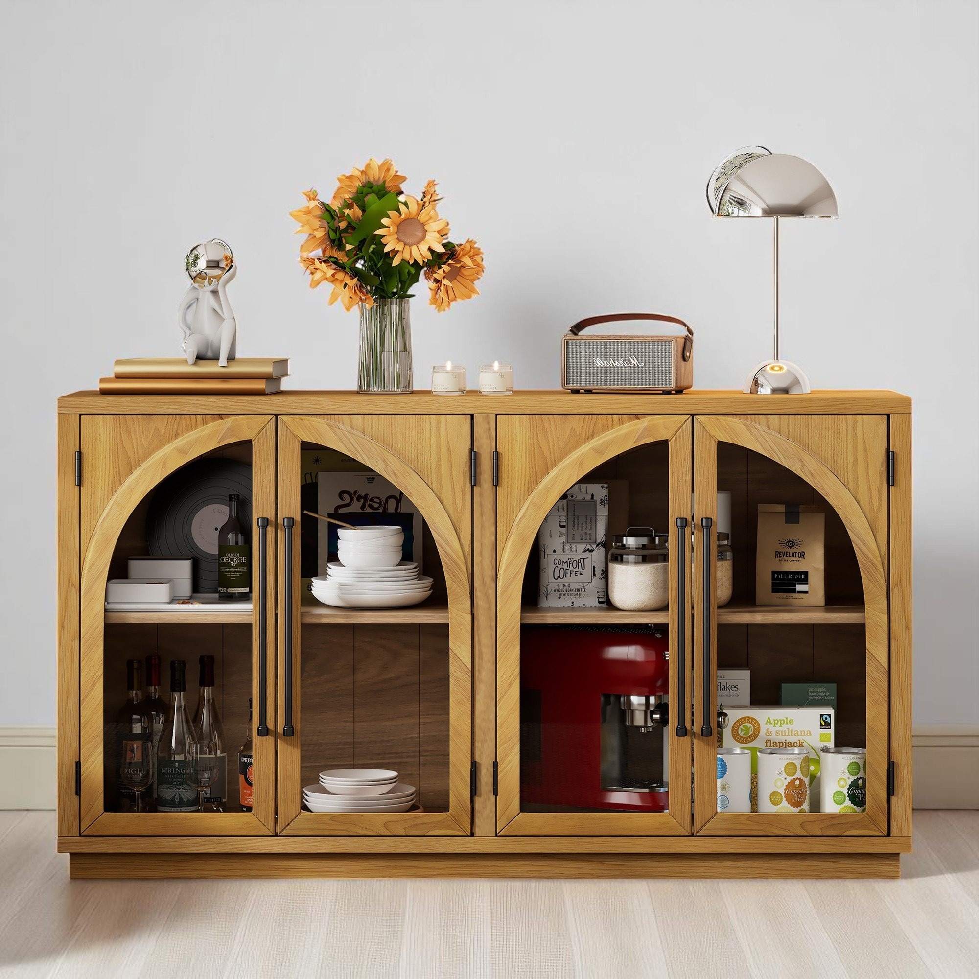 60" 4-Door Arched Sideboard Buffet Cabinet with Glass Doors and Adjustable Shelves, Retro Oak Veneer Console