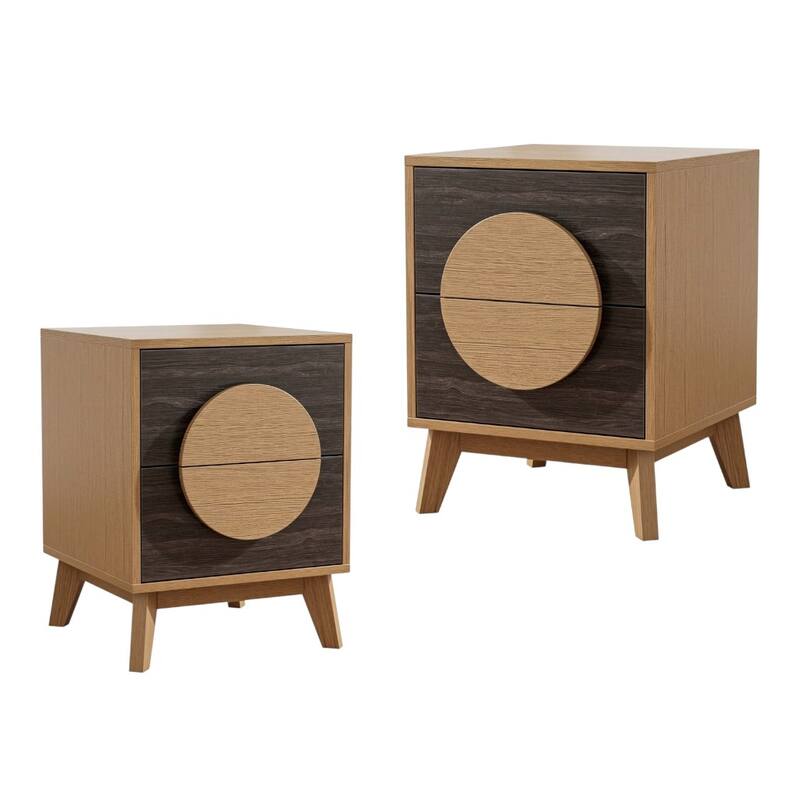 HomeRoots Set of Two 21" Oak And Dark Brown Solid Wood Square Two Drawer Nightstands