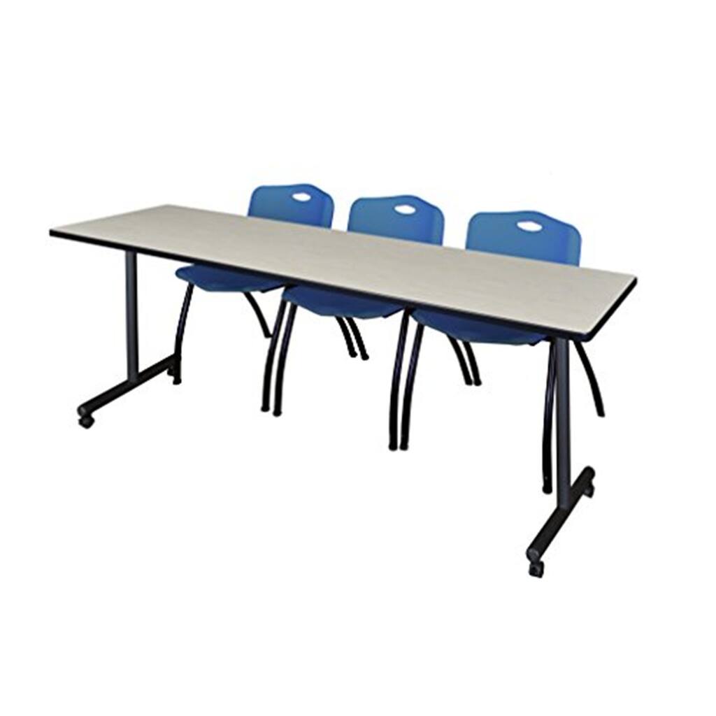 84" x 24" Mobile Training Table- Maple & 3 'M' Stack Chairs- Blue