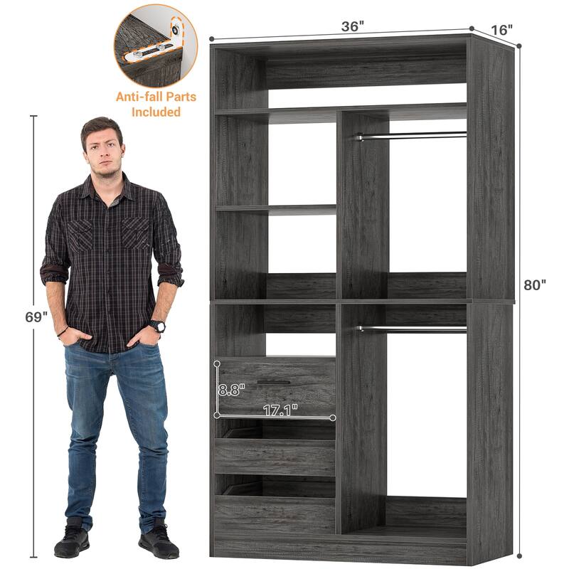 36" Freestanding Closet System With 3 Drawers and 2 Hanging Rods,Multi-Purpose Wardrobe Closet Rack