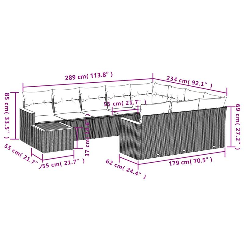 vidaXL 11 Piece Patio Sofa Set with Cushions Black Poly Rattan - 24.4x27.2x24.4