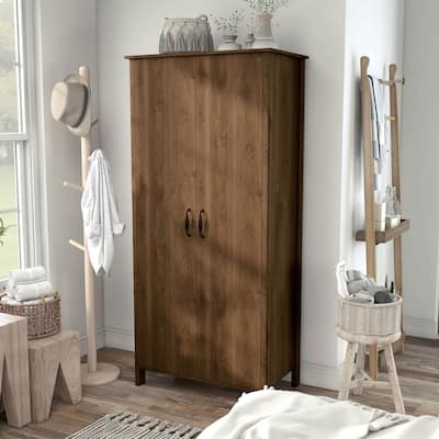 DH BASIC Rustic Distressed Walnut Double-door Wardrobe Closet with Shelves by Denhour