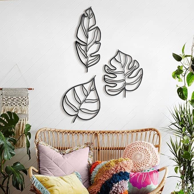 Leaves Metal Wall Art - Matte Black, Home Office and Living Room Decoration, Set of 3