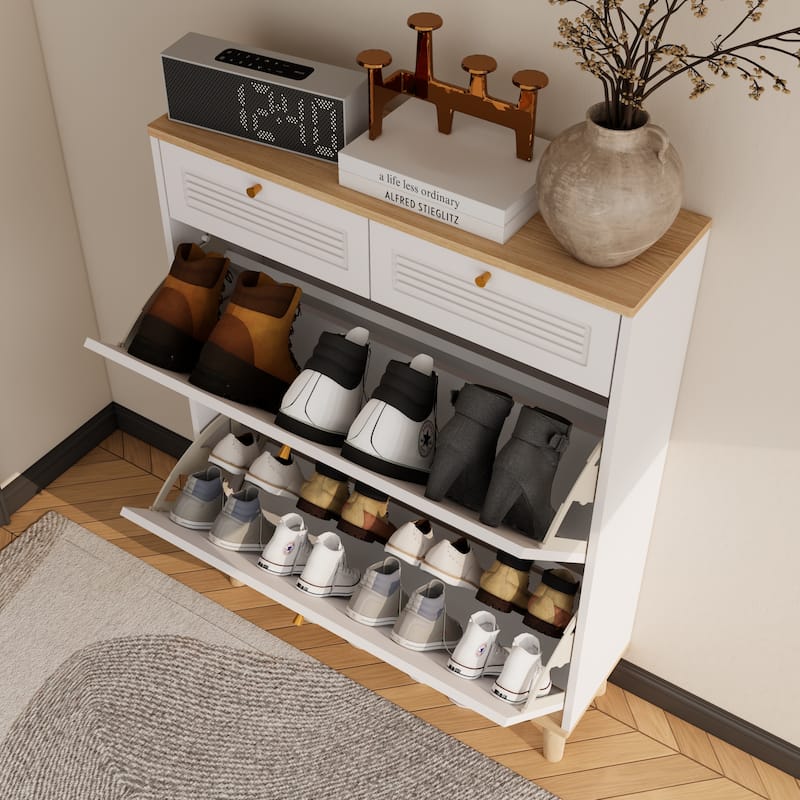 16-Pair Entryway Shoe Cabinet, 2 Flip Doors and Drawers in White