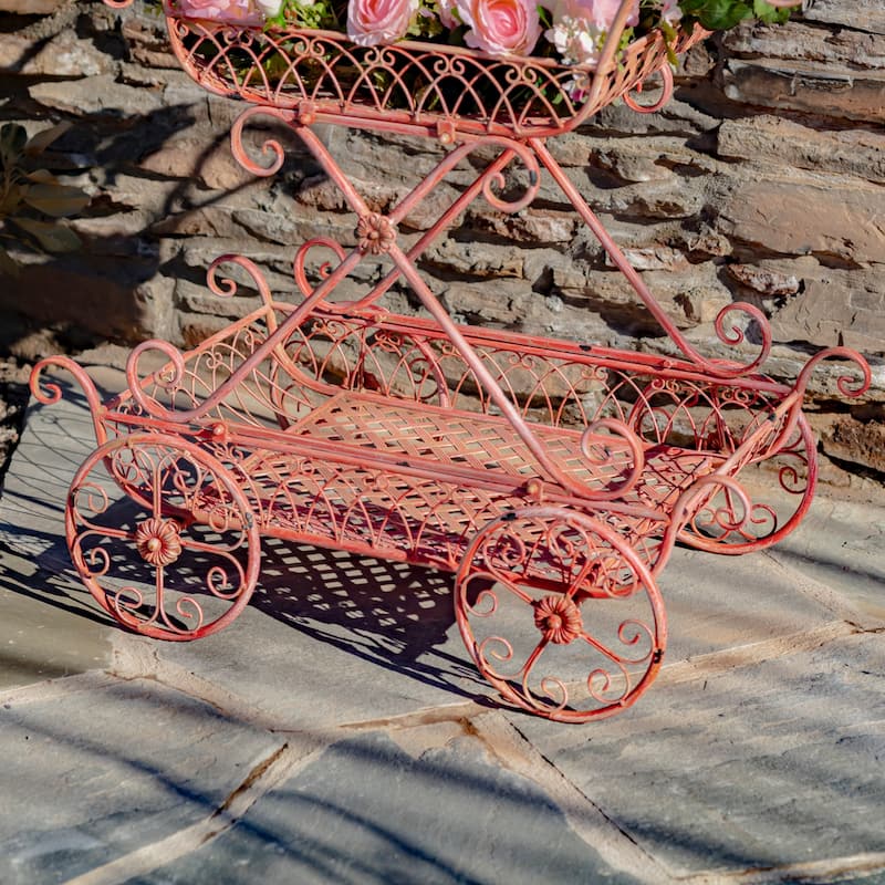 Two Tier Iron Flower Push Cart in Flamingo Pink "Odesa 1794" - 21.65x33.85x36.61
